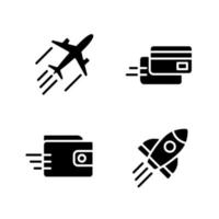 Fliegender Transport schwarze Glyphen-Symbole auf weißem Raum. digitale Zahlung. Geldüberweisung. Rakete starten. dynamische Bewegung. Silhouettensymbole. Solide Piktogrammpackung. vektor isolierte illustration