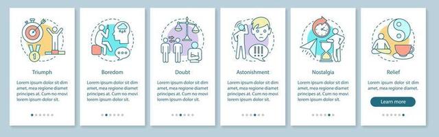 känslor onboarding mobil app sida skärm vektor mall. känna management. mental hälsa. genomgång av webbplatssteg med linjära illustrationer. ux, ui, gui smartphone gränssnitt koncept