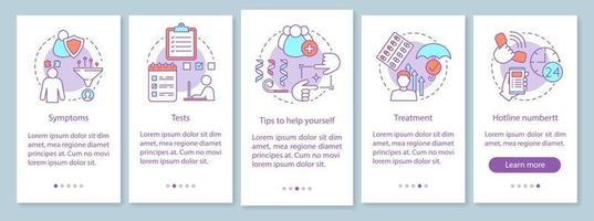 Selbstdiagnose beim Onboarding der mobilen App-Seitenbildschirm-Vektorvorlage. Behandlung von Depressionen. Psychische Gesundheit. Walkthrough-Website-Schritte mit linearen Illustrationen. ux, ui, gui smartphone-schnittstellenkonzept vektor