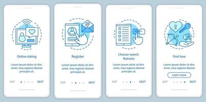online dating onboarding mobil app sida skärm vektor mall. registrera dig, välj sökfunktioner, hitta instruktioner på kärlekswebbplatsen med linjära illustrationer. ux, ui, gui smartphone gränssnitt koncept