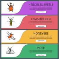 Insekten-Web-Banner-Vorlagen festgelegt. Herkuleskäfer, Heuschrecke, Honigbiene, Motte. Menüelemente in Farbe der Website. Vektor-Header-Design-Konzepte