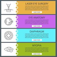 Web-Banner-Vorlagen für Augenheilkunde festgelegt. Laserchirurgie, Augenanatomie, Zwerchfell, Kurzsichtigkeit. Farbmenüelemente der Website mit linearen Symbolen. Vektor-Header-Design-Konzepte