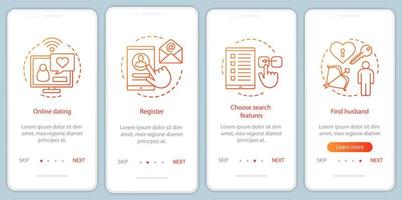 Online-Dating-Onboarding für mobile App-Seitenbildschirmvektorvorlage. Registrieren Sie sich, wählen Sie Suchfunktionen aus, finden Sie Anweisungen auf der Website des Ehemanns mit linearen Illustrationen. ux, ui, gui Smartphone-Schnittstellenkonzept vektor
