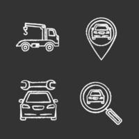 Auto-Werkstatt-Kreide-Icons gesetzt. Abschleppwagen, GPS-Navigation, Reparaturservice, Autosuche. isolierte vektortafelillustrationen vektor