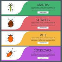 Insekten-Web-Banner-Vorlagen festgelegt. Gottesanbeterin, Sowbug, Milbe, Kakerlake. Menüelemente in Farbe der Website. Vektor-Header-Design-Konzepte
