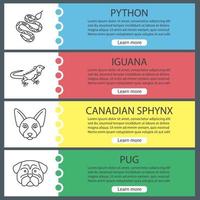 Haustiere Web-Banner-Vorlagen festgelegt. Python, Leguan, kanadische Sphynx, Mops. Farbmenüelemente der Website mit linearen Symbolen. Vektor-Header-Design-Konzepte