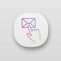 Mail-Schaltfläche Klicken Sie auf das App-Symbol. SMS. E-Mail-App. Bote. Hand, die die E-Mail-Taste drückt. ui ux-Benutzeroberfläche. Web- oder mobile Anwendung. vektor isolierte illustration