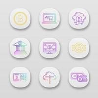 Bitcoin-Kryptowährungs-App-Symbole festgelegt. ui ux-benutzeroberfläche. Münze, Online-Shopping, Cloud-Mining, Banking, Bitcoin-Webseite, Grafikkarte, CPU-Mining, Kryptowährung. vektor isolierte illustration