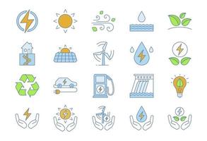 Farbsymbole für alternative Energiequellen gesetzt. Ökostrom. erneuerbare Ressourcen. Wasser-, Solar-, Wärme-, Windenergie. isolierte vektorillustrationen
