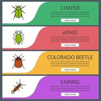 Insekten-Web-Banner-Vorlagen festgelegt. Käfer, Blattlaus, Kartoffelkäfer, Ohrwurm. Menüelemente in Farbe der Website. Vektor-Header-Design-Konzepte vektor