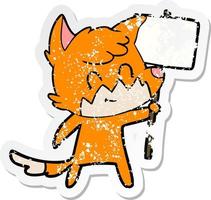 beunruhigter Aufkleber eines Cartoon-freundlichen Fuchses mit Schild vektor