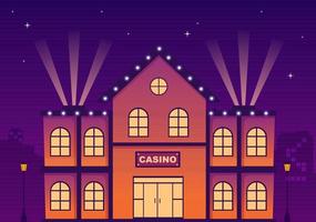 Casino-Gebäude-Cartoon-Illustration mit Architektur, Lichtern und lila Hintergrund für Design im Spielstil vektor