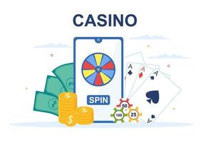 casino-cartoon-illustration mit knöpfen, spielautomat, roulette, pokerchips und spielkarten für das design im spielstil vektor