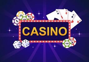 kasino tecknad illustration med knappar, spelautomat, roulette, pokermarker och spelkort för design av spelstil vektor