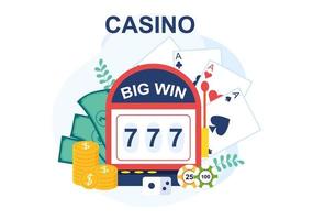 casino-cartoon-illustration mit knöpfen, spielautomat, roulette, pokerchips und spielkarten für das design im spielstil vektor