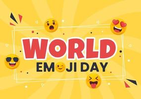 World emoji day firande med evenemang och produktsläpp i olika ansiktsuttryck söt tecknad form i platt bakgrundsillustration vektor