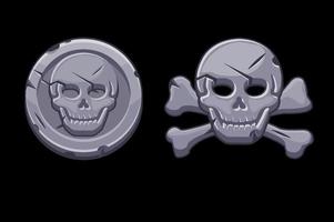 pirat svart märke, stenikoner sten med skalle. vektor illustration uppsättning gamla skallar med ben för spelet.