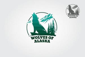Wölfe von Alaska-Vektor-Logo-Illustration. Silhouette Logo Vektor heulender Wolf und Kiefern.