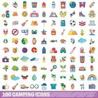 100 camping ikoner set, tecknad stil vektor