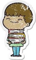 nödställda klistermärke av en tecknad glad pojke med böcker vektor