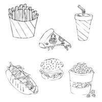 gatumat. snabbmat ikoner som pommes frites, hamburgare, dryck, popcorn, varmkorv, pizza. vektor stock illustration i doodle stil.