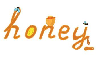 ordet honung är bokstäver, honungskakor, bin, en burk honung, vektor