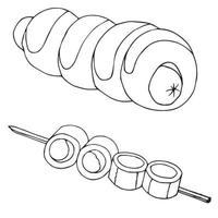 wurst im teig, wurst am spieß im gekritzelstil. Fastfood, Streetfood. Vektorvorratillustration lokalisiert auf einem weißen Hintergrund. vektor