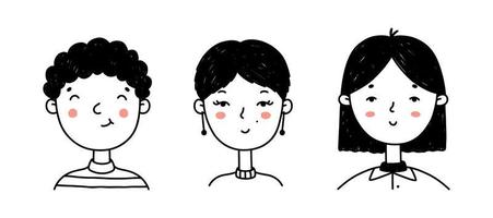 uppsättning av söta människors ansikten i doodle stil. porträtt av glada unga flickor och pojkar isolerad på vit bakgrund. perfekt för sociala medier, avatars.vector handritad illustration av seriefigurer vektor