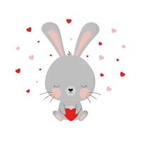 söt kanin håller rött hjärta. romantiskt kort. alla hjärtans dag-kort med söt kanin och hjärtan. vektor illustration