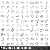 100 zoo och cirkus ikoner set, konturstil vektor