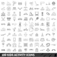 100 Kinderaktivitätssymbole gesetzt, Umrissstil vektor
