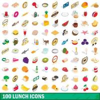 100 lunch ikoner set, isometrisk 3d-stil vektor