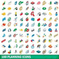 100 Planungssymbole gesetzt, isometrischer 3D-Stil vektor