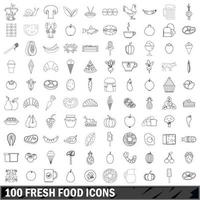 100 Symbole für frische Lebensmittel im Umrissstil vektor
