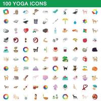 100 yoga ikoner set, tecknad stil vektor