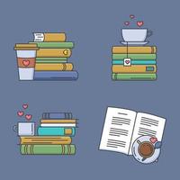 Satz farbiger Symbole für Buchfans. Buchstapel, Kaffee- oder Teebecher und Pappbecher.