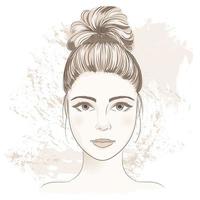 Gesicht der jungen Frau. Digitales monochromes Skizzenporträt eines schönen Mädchens mit ausgefallenem Haarknoten. vektor