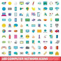 100 Computernetzwerk-Icons gesetzt, Cartoon-Stil vektor