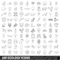 100 Ökologie-Icons gesetzt, Umrissstil vektor