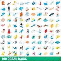 100 ocean ikoner set, isometrisk 3d-stil vektor