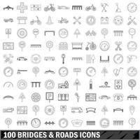 100 broar och vägar ikoner set, konturstil vektor