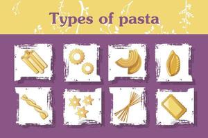 typer av italiensk pasta koncept bakgrund, tecknad stil vektor