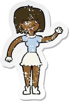 Retro-Distressed-Aufkleber eines Cartoon-Mädchens, das winkt vektor