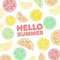 hallo sommer mehrfarbiger zitrusfruchthintergrund, quadratische vorlage. zitronen-, orangen-, grapefruit- und limettensaftige hintergründe, geeignet für cafés, menüs, restaurants, drucke und designs. vektor