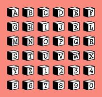 minimalistische serifenschriftzeichen auf seiten von 3d-schwarz-weiß-würfeln, satz von isolierten buchstaben und zahlen. alphabet auf einem kastenvektorsatz. vektor
