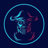 Pirat Mann bärtige Linie Neon-Kunst-Logo. farbenfrohes Design mit dunklem Hintergrund. abstrakte Vektorillustration. isoliert mit marineblauem hintergrund für t-shirt, poster, kleidung, merch, bekleidung. vektor