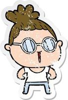 bedrövad klistermärke av en tecknad tuff kvinna som bär glasögon vektor