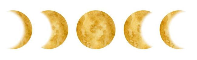 akvarell illustration av månens faser. handritad skiss av planeten. gul halvmåne på vit bakgrund. ritning av meteor. hälften av luna vektor