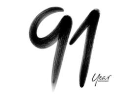 91 års jubileumsfirande vektormall, 91 år logotypdesign, 91-årsdag, svarta bokstäver siffror penselteckning handritad skiss, nummerlogotypdesign vektorillustration vektor