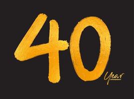guld 40-årsjubileumsfirande vektormall, 40 år logotypdesign, 40-årsdag, guldbokstäver siffror penselteckning handritad skiss, nummerlogotypdesign vektorillustration vektor